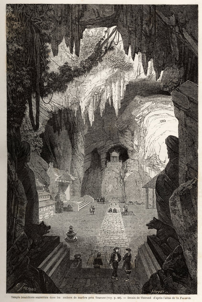 Underjordisk buddhistisk tempel i marmorklipper nær Tourane, tegning af Therond, for at illustrere noterne fra en unik korrespondance med Cochinchine. Indgravering i "" Le tour du monde, nouveau journal des voyages"" Paris af Emile Theodore Therond