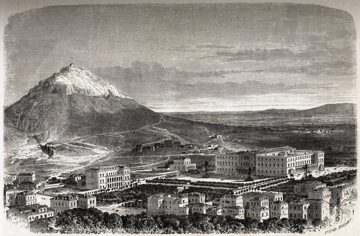 Udsigt over Athen, Grækenland, tegning af Therond, for at illustrere historien om M.A.Proust, en vinter i Athene af Emile Theodore Therond