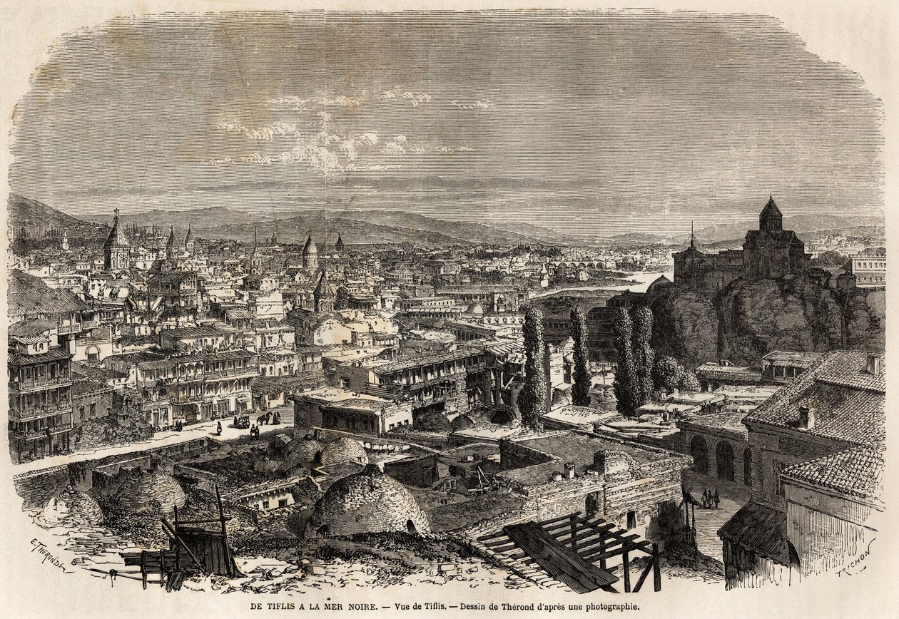 Udsigt over Tiflis (eller Tbilisi), tegning af Therond, for at illustrere Mr. Moynets rejse i 1858 til Sortehavet og Det Kaspiske Hav. Indgravering i "" Le tour du monde, nouveau journal des voyages"" Paris af Emile Theodore Therond