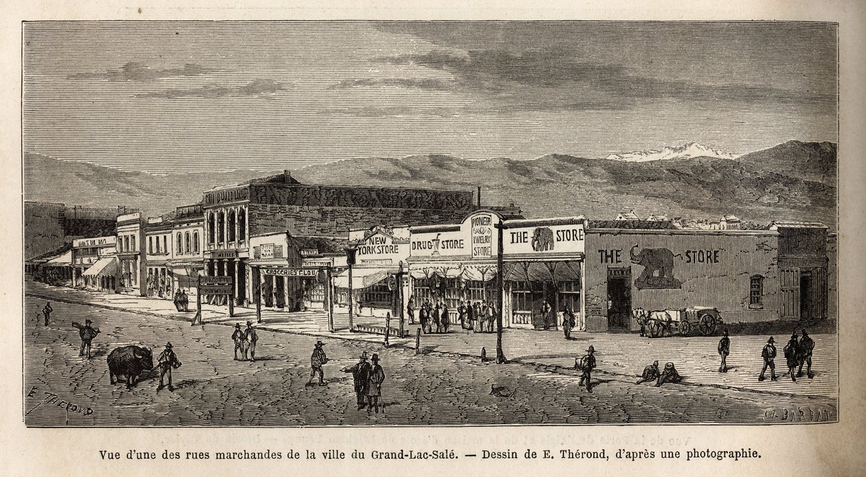 Udsigt over en af shoppinggaderne i byen Salt Lake City (Utah, USA), indgraveret efter tegningen af E.Therond, der illustrerer rejsen fra Washington til San Francisco, i 1868, af L. Simonin, udgivet i "" Le tour du monde””” 1874, redigeret af Ed af Emile Theodore Therond
