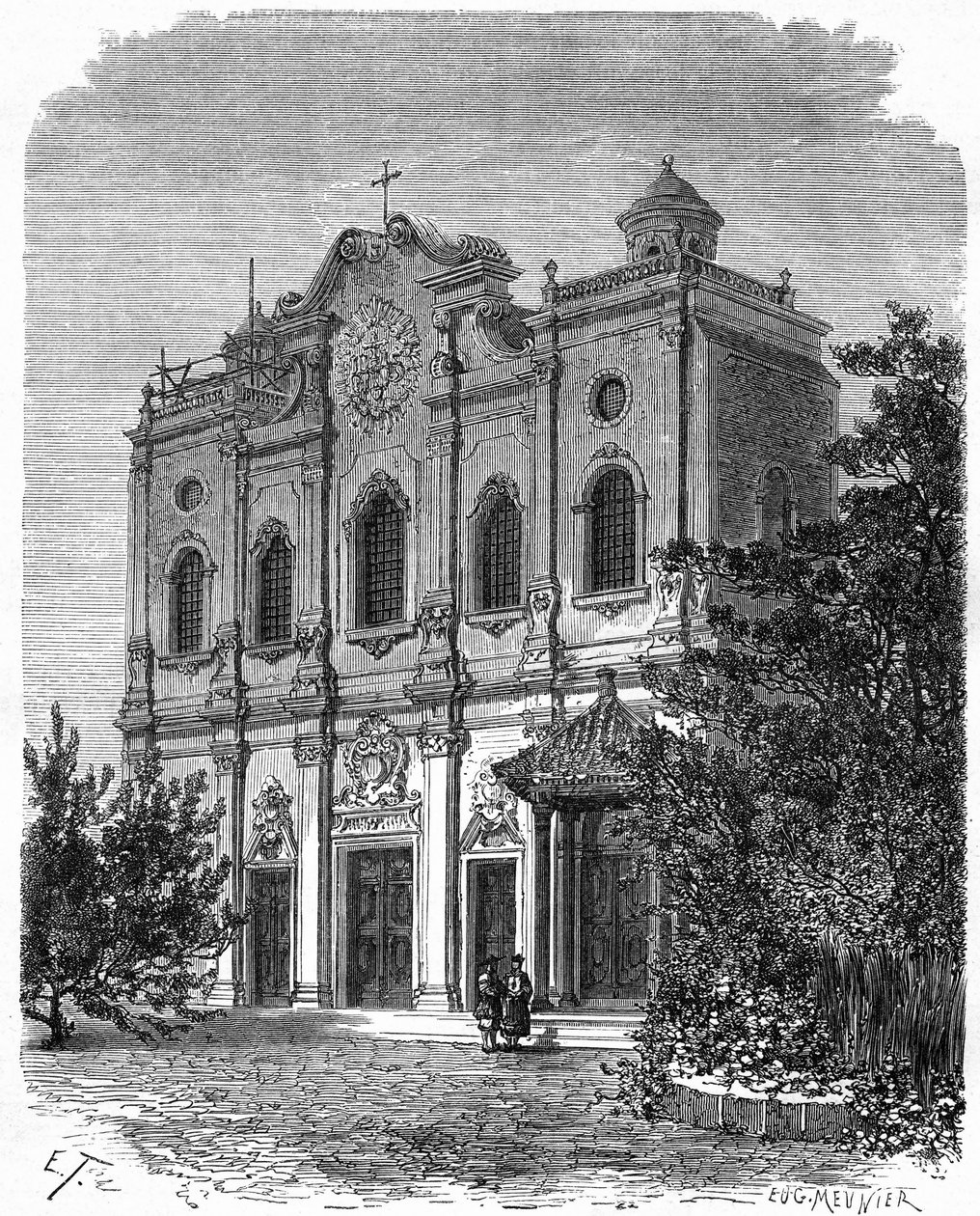 Udsigt over facaden af katedralen i Nantang, bygget på stedet for Matteo Riccis hus (1552-1610), katolicismens fader i Kina. Gravering efter en tegning af Therond, i "" Le Tour du Monde, Nouveau journal des Voyages"", redigeret af Edouard Chart af Emile Theodore Therond