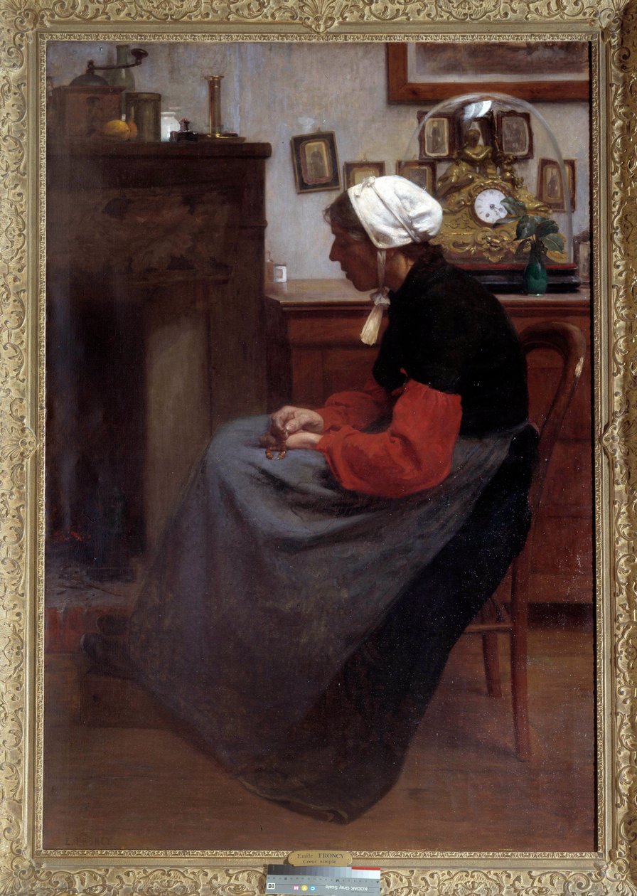 Enkelt hjerte En gammel bonde sover på en stol i et rustikt interiør. Maleri af Emile Troncy (1859-1943). Paris, Palais du Luxembourg DR af Emile Troncy