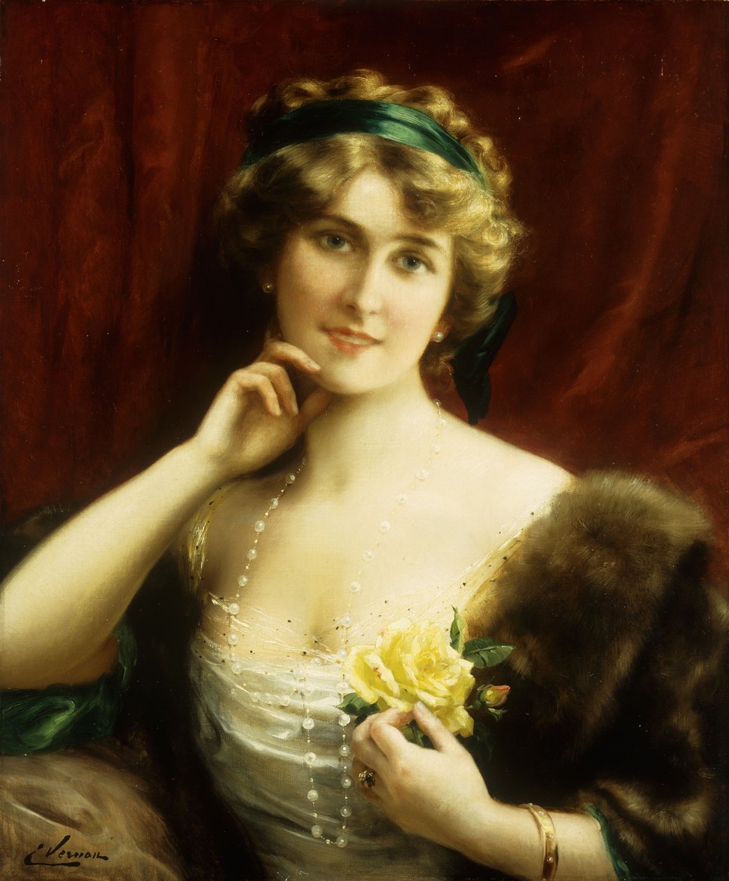 En elegant dame med en gul rose af Emile Vernon