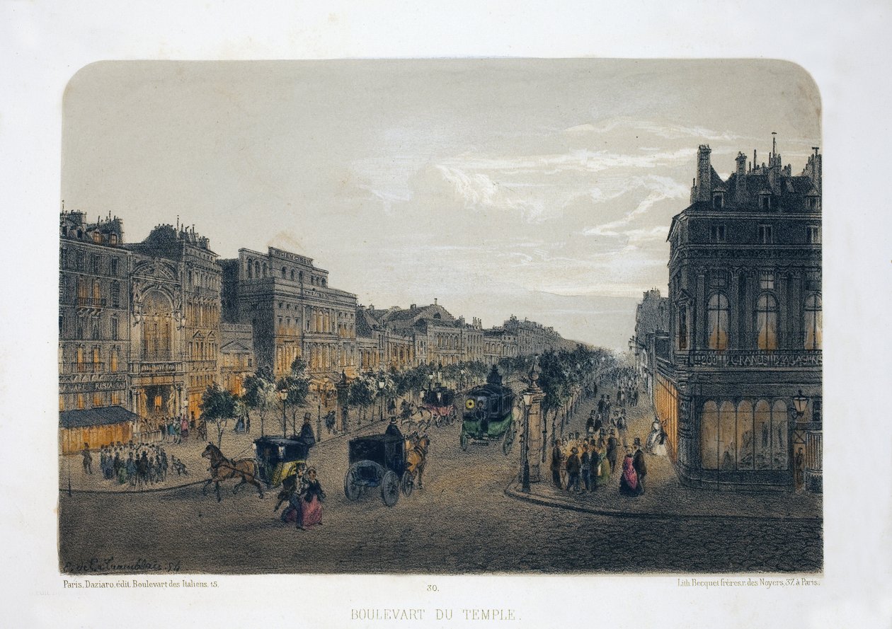 Boulevard du Temple, Paris. Litografi akvarel, illustration af E.de la Tramblaiz, i "Album, souvenirs de Paris", Daziaro-redaktør, Paris af Emile de la Tramblais
