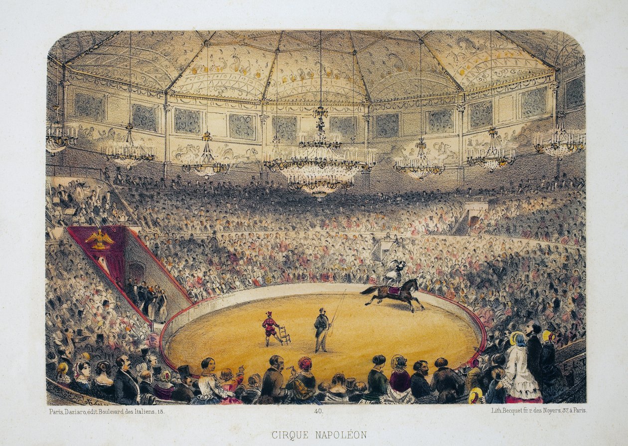 Cirque Napoleon (nuværende vintercirkus, rue Amelot, Paris). Litografi akvarel, illustration af E.de la Tramblaiz, i "Album, souvenirs de Paris", Daziaro-redaktør, Paris af Emile de la Tramblais