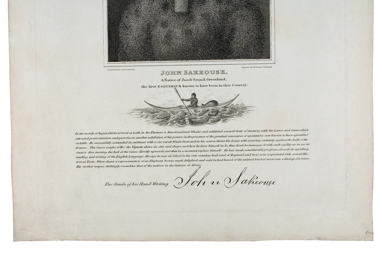 John Sakeouse, indfødt fra Jacob Sund, Grønland, den første Esquimaux, der vides at have været her i landet, 1816 af Emilia Anderson