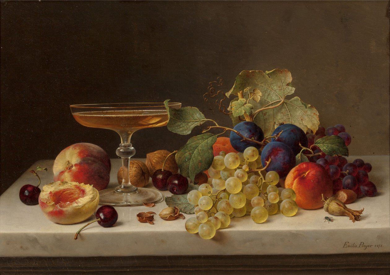 Stilleben med sommerfrugt og champagne, 1875. af Emilie Preyer