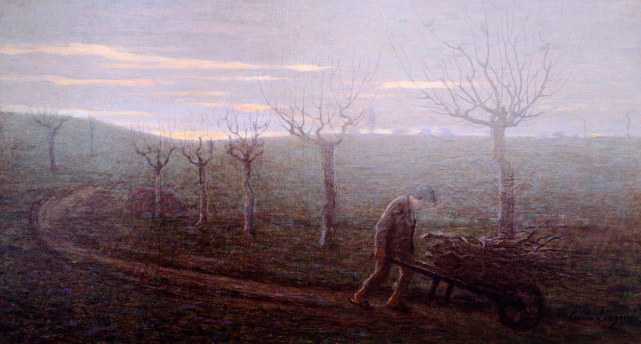 vender tilbage fra skoven, Emilio Longoni (1859-1932), olie på lærred, 67x120 cm af Emilio Longoni
