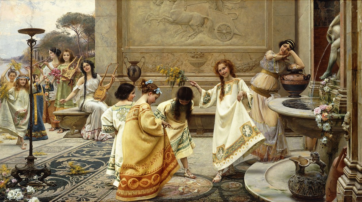 Fontinales: Springvandsfesten; Fontinales: Fete des Fontaines (olie på lærred med tre vandrette paneler, et signeret, sat i t) af Emilio Vasari