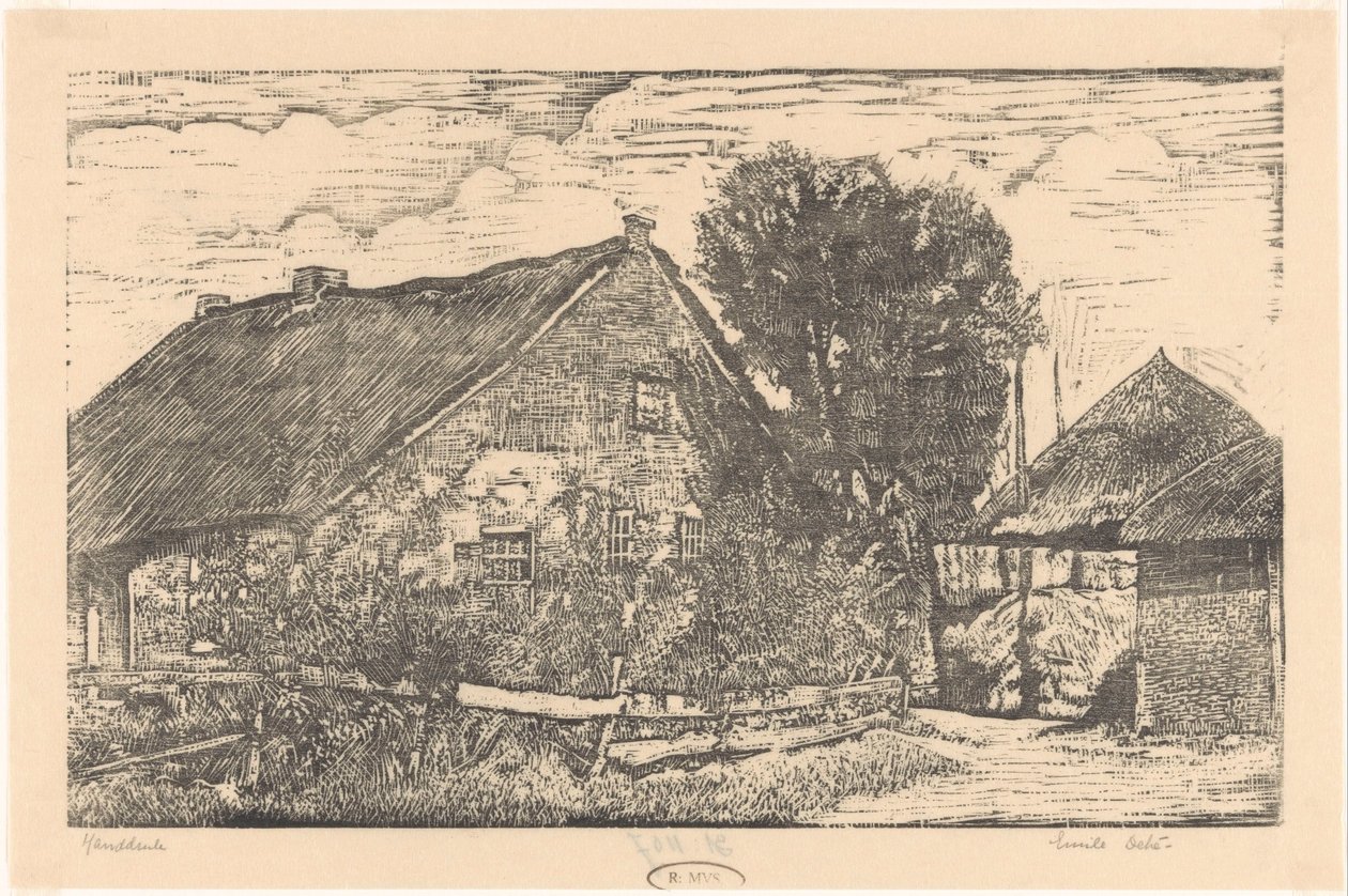Gård med hølade af Emilius Wilhelmus Dehé (signed by artist)