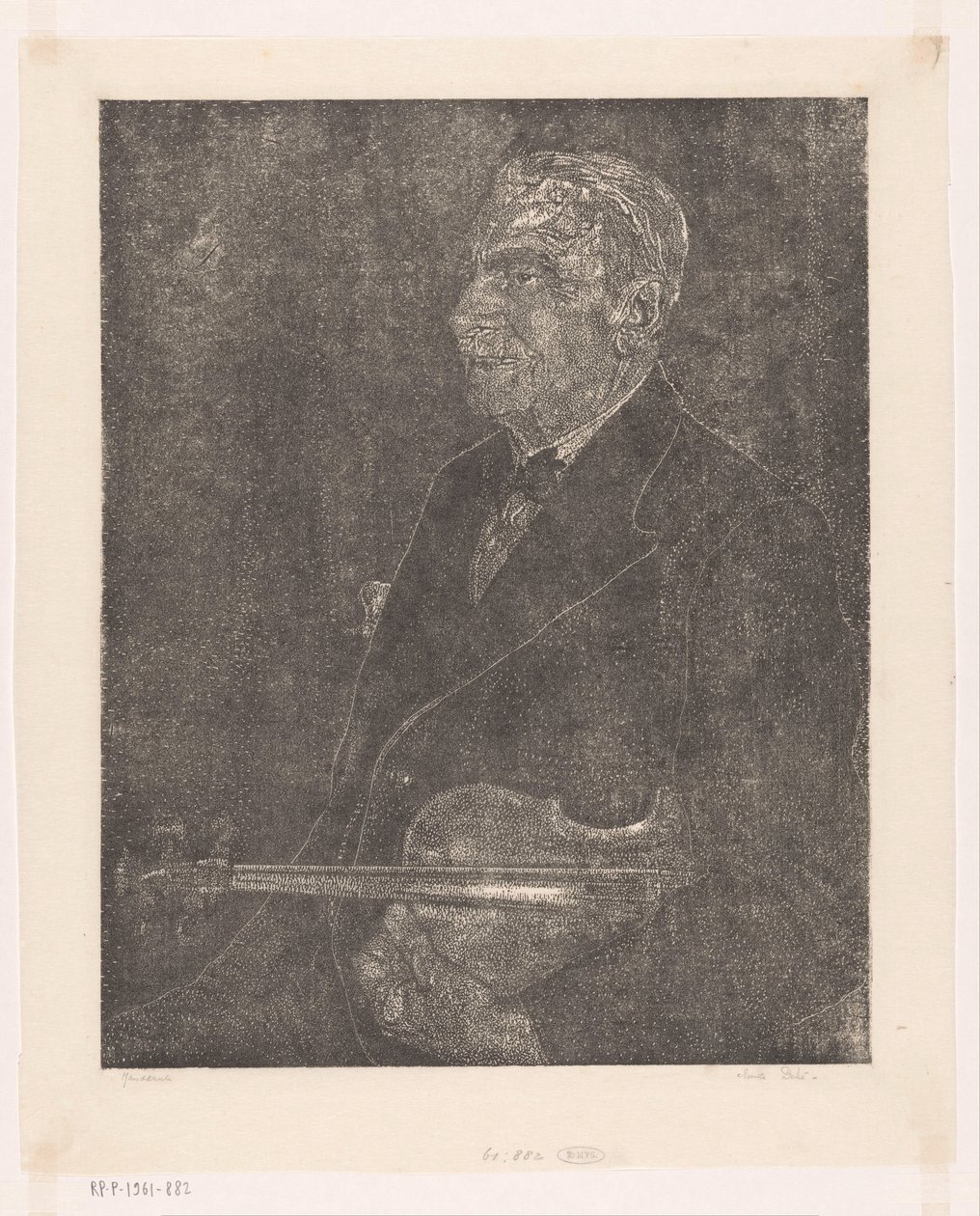 Portræt af kunstnerens far med violin af Emilius Wilhelmus Dehé (signed by artist)