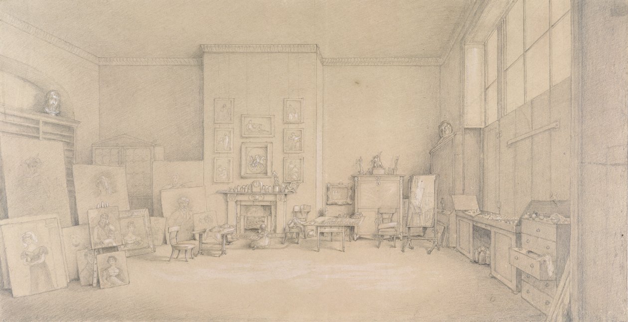 Sir Thomas Lawrences studie; 65 Russell Square, London, 1824 (blyant, forhøjet med strejf af hvidt på brunpapir) af Emily Calmady