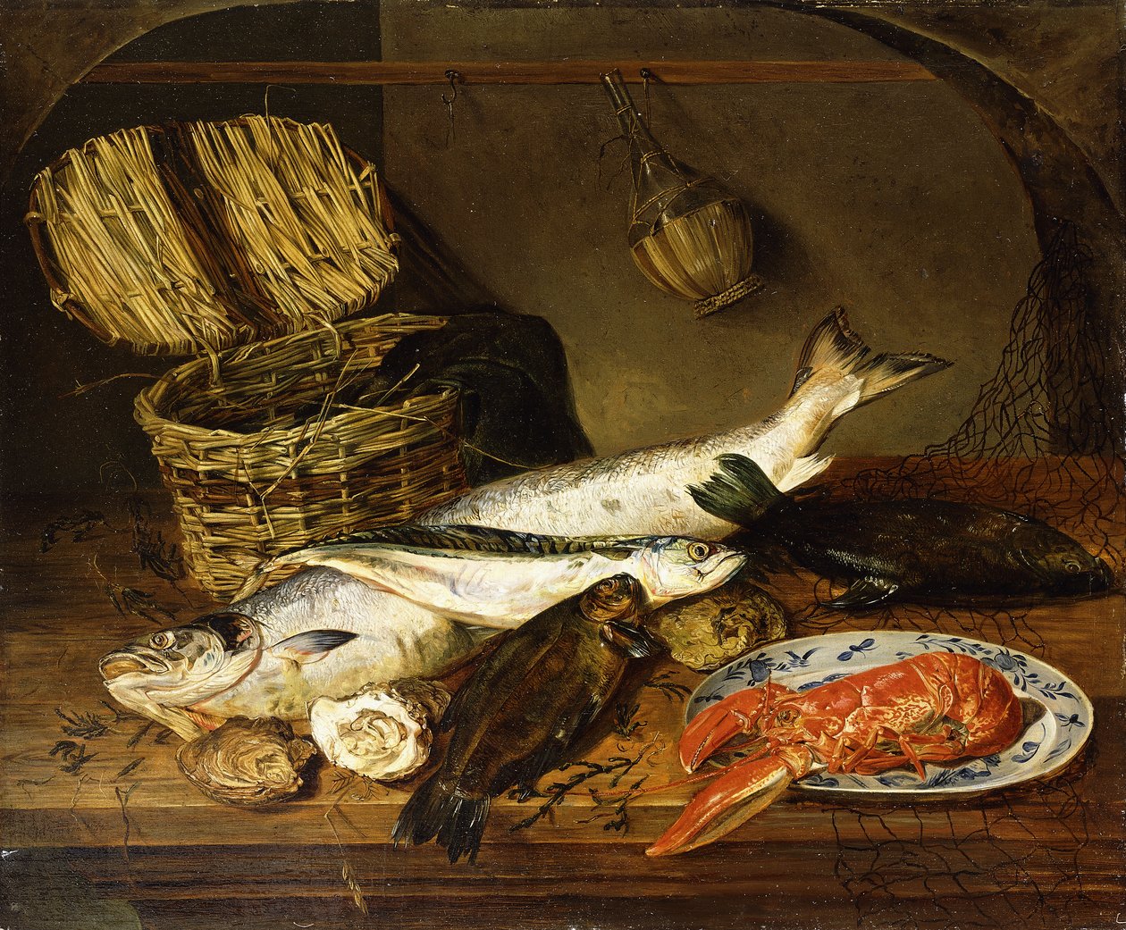 En laks, en makrel, en hummer på en tallerken, en flettet kurv, østers, en Chianti-flaske og et fiskernet på et træbord, 1854 af Emily Stannard