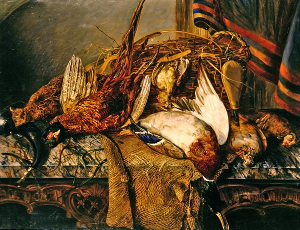 Stilleben med fasaner på et marmorbord, ca. 1850 (olie på lærred) af Emily Stannard