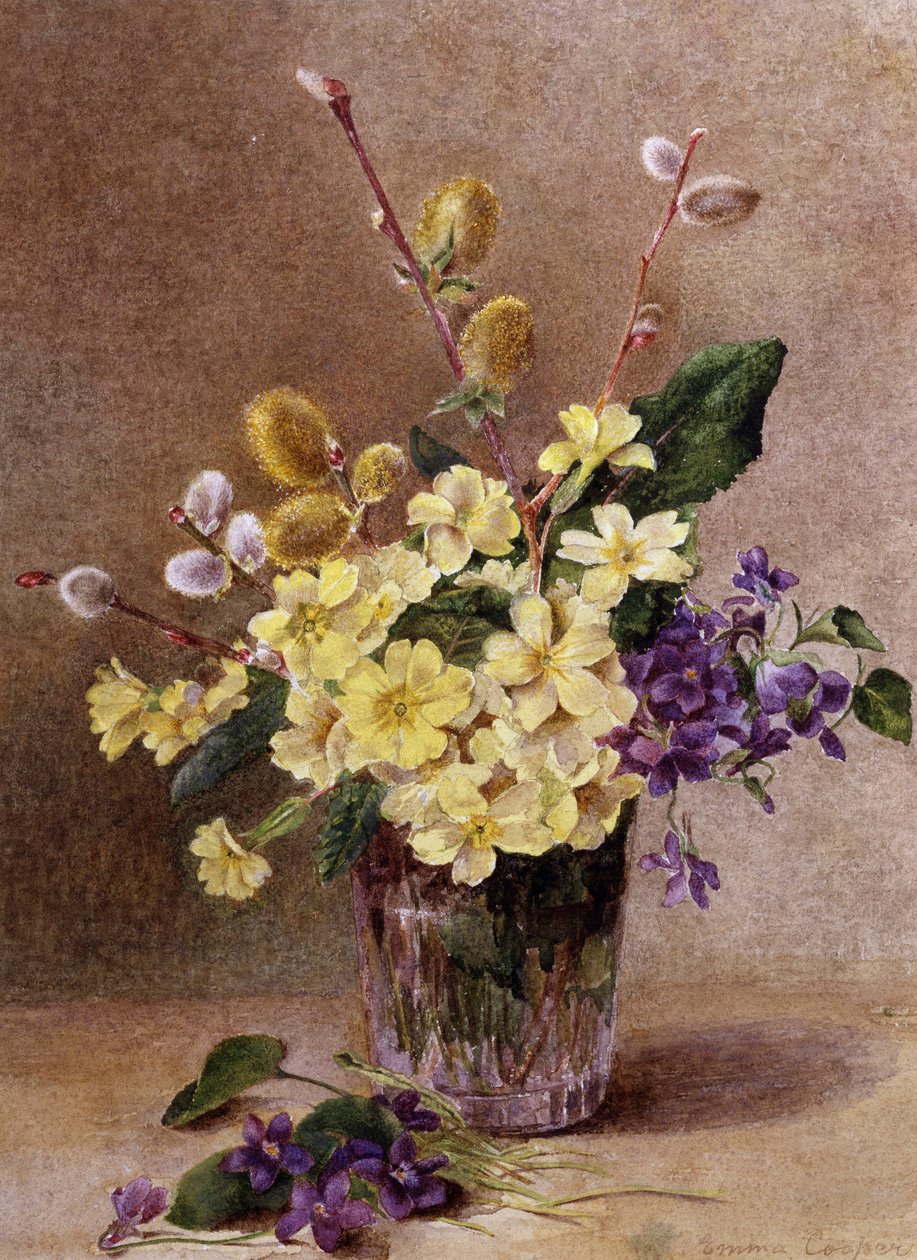 Forårsblomster (inklusive pilegrene). Maleri af Emma Cooper (1837-1912) Privat samling. af Emma Cooper
