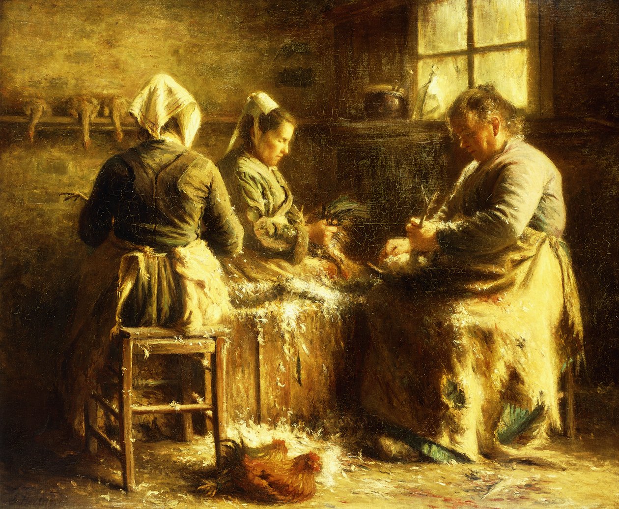 Defeather Chickens - Sen morgensommer i Bretagne; Kyllingeplukning - Summer Afternoon Bretagne (olie på lærred) af Emma Herland