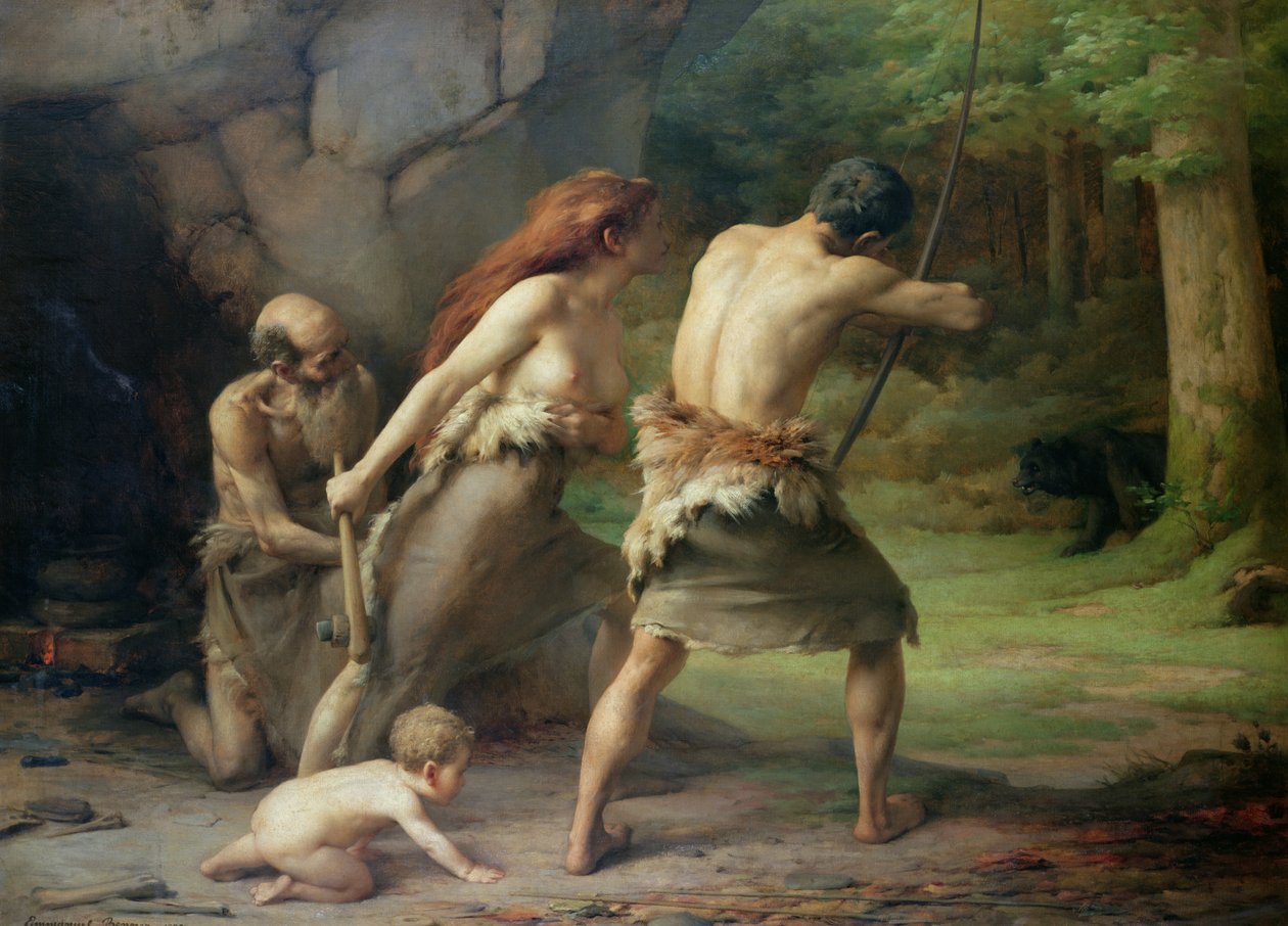 Forhistorisk mand, der jager bjørne, 1832 af Emmanuel Benner