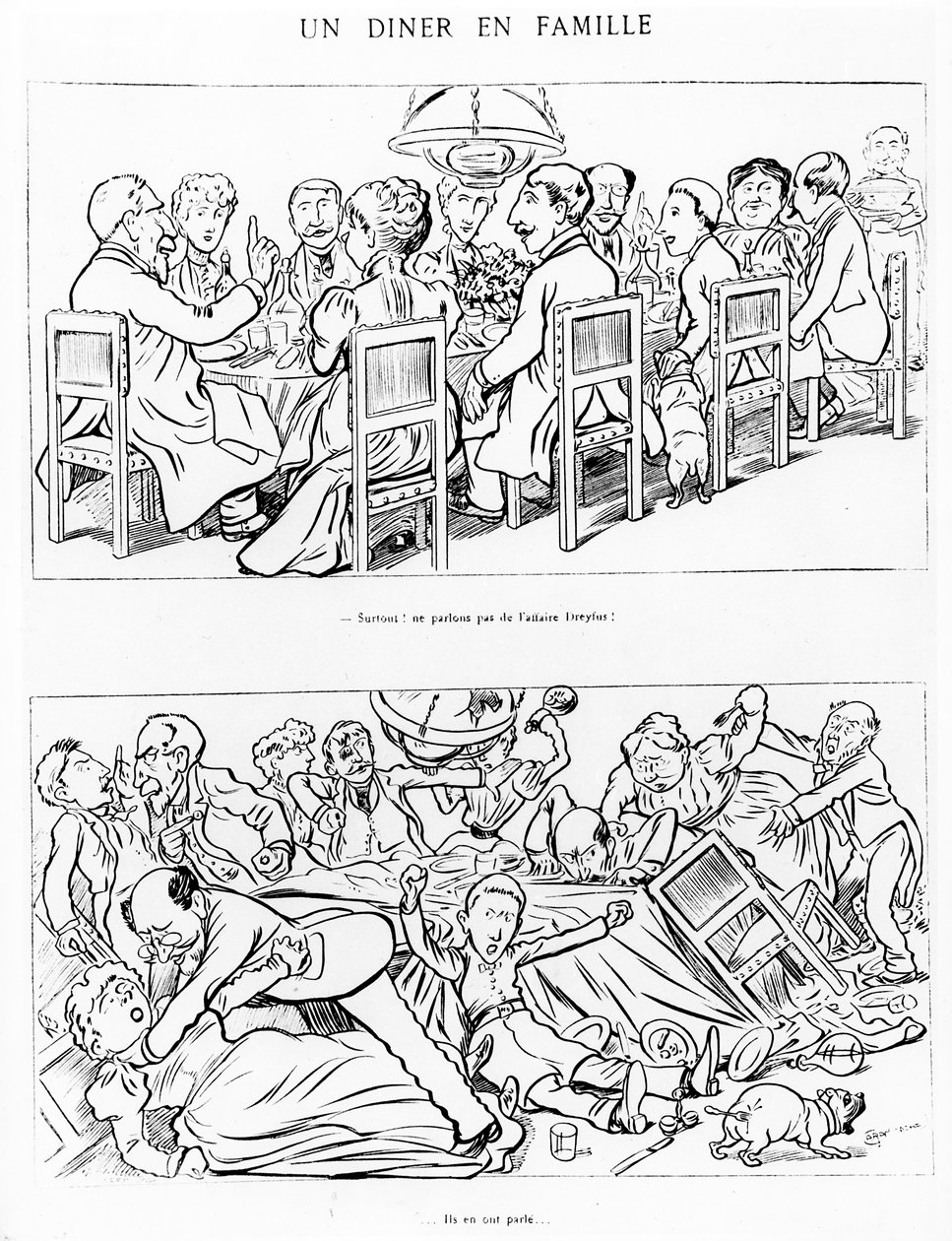 Karikatur af en familiemiddag før og efter at have talt om Dreyfus-affæren, ca. 1894 af Emmanuel Poire Caran D