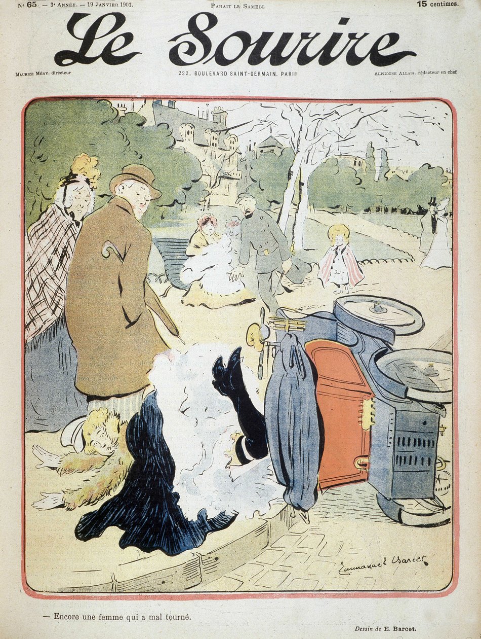 Bilulykke: "Endnu en kvinde, der går galt."" Illustration af Emmanuel Barcet (1870-1940) - i "" Le Smile"" fra 19/01/1901 af Emmanuel Barcet
