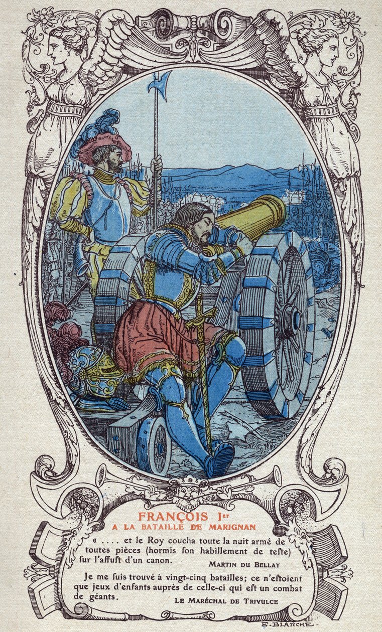 Kongen af Frankrig Francois I (1494-1547) ved slaget ved Marignan den 13. og 14. september 1515. Stik af 1914 af Emmanuel Blanche (1880-1946).DR Privat samling. af Emmanuel Blanche