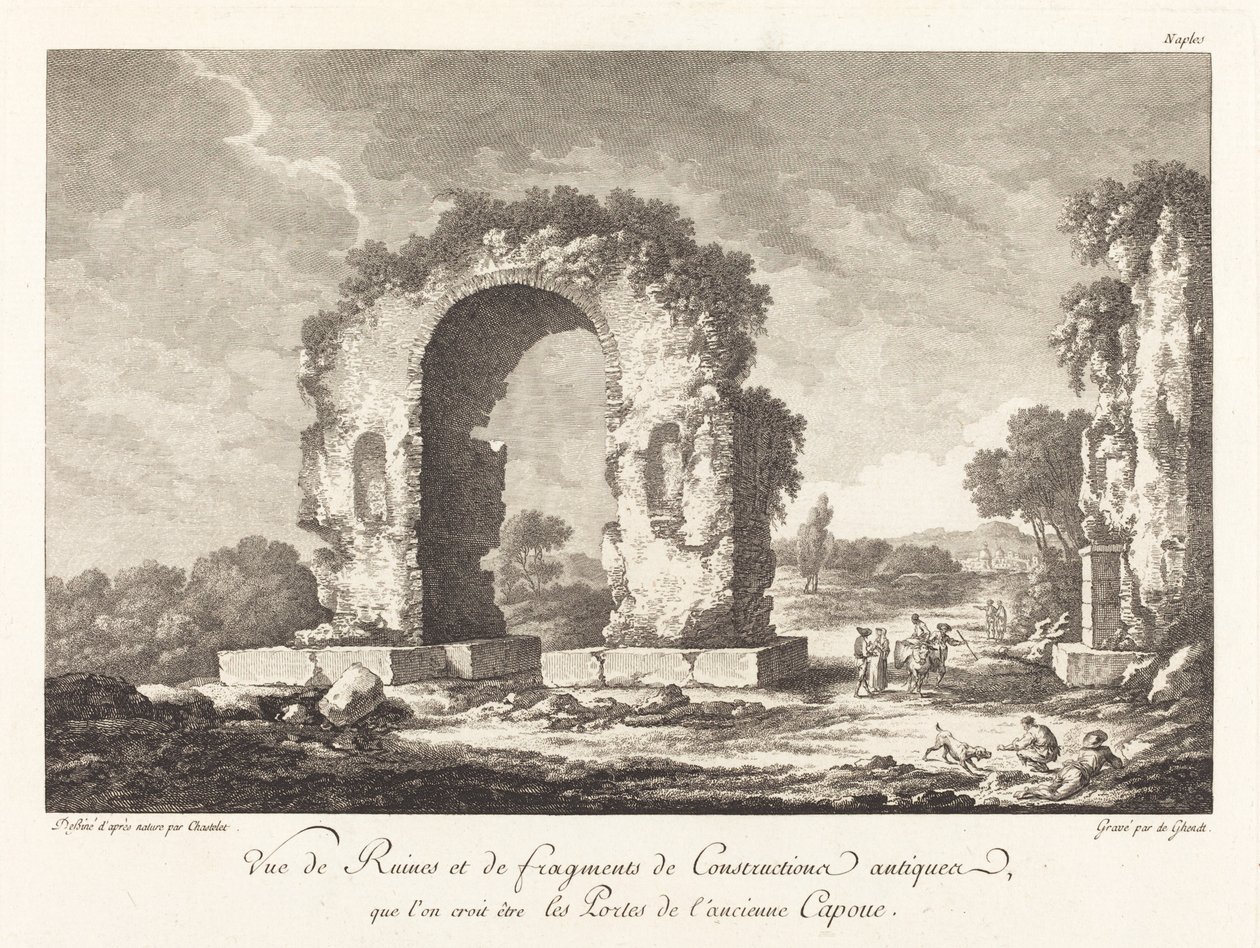 Udsigt over ruiner og fragmenter af oldtidens konstruktion ... af det gamle Capua af Emmanuel Jean Nepomucène de Ghendt after Claude Louis Châtelet