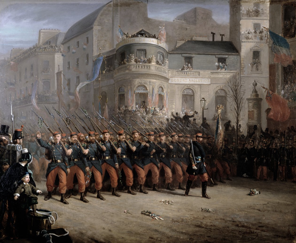 Troppernes tilbagevenden til Paris fra Krim, Boulevard des Italiens, foran Hannover-pavillonen, december 1855 af Emmanuel Masse