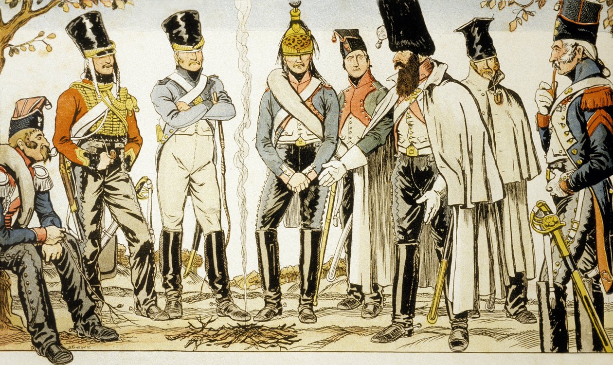 Armee Francaise 1810 fra venstre mod højre hest-leger lancier Houzard-rytter Dutrain Dragon af Emmanuel Poire Caran D