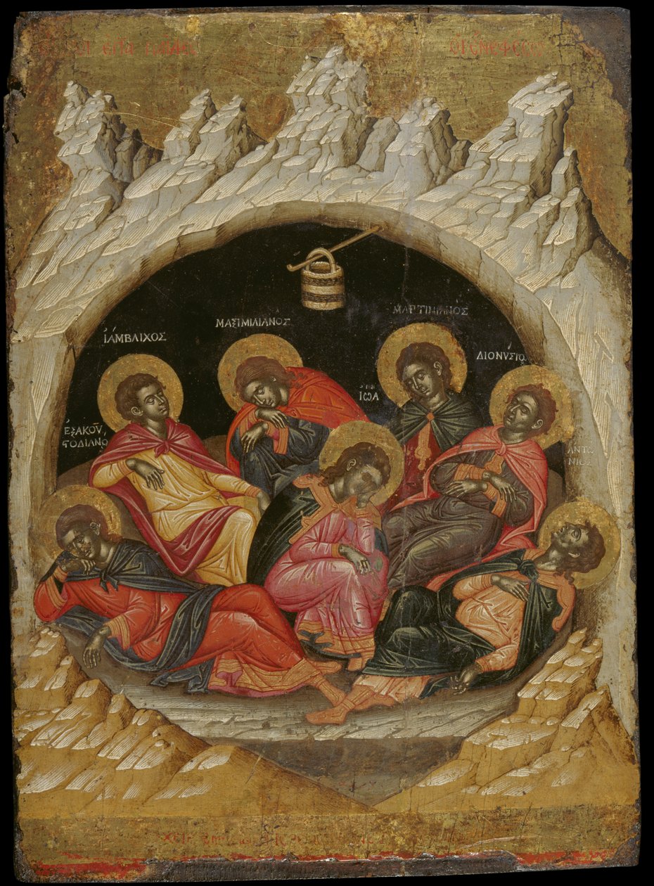 The Seven Sleepers of the Efesos (ægtempera på panel) af Emmanuel Tzanes