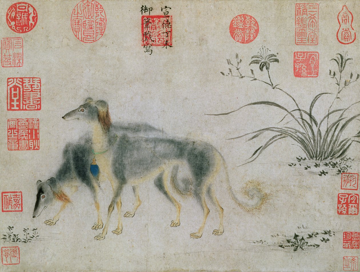 Two Saluki Hounds, 1427 (blæk på papir) af Emperor Hsuan-tsung