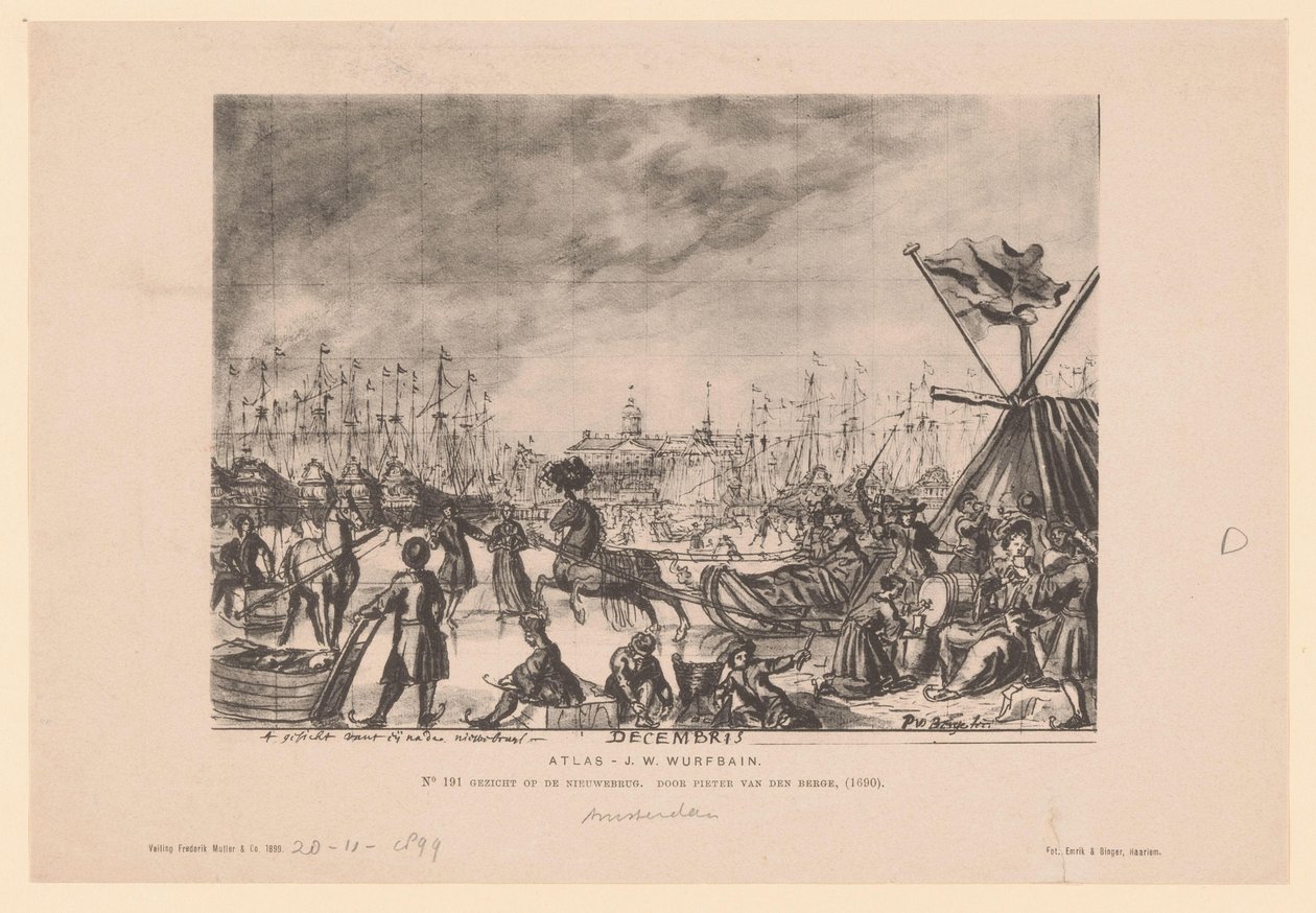 Gengivelse af en tegning af en udsigt over Nieuwe Brug af Pieter van den Berge af Emrik and Binger
