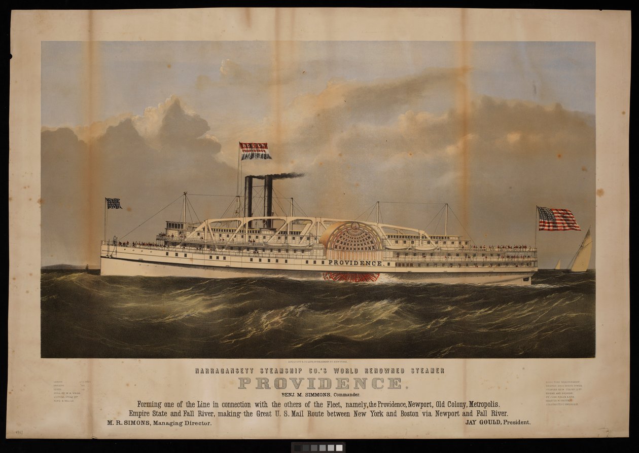Narragansett Steamship Co.s verdensberømte dampskib Providence Benj M Simmons. Kommandør... (litografi) af Endicott Endicott