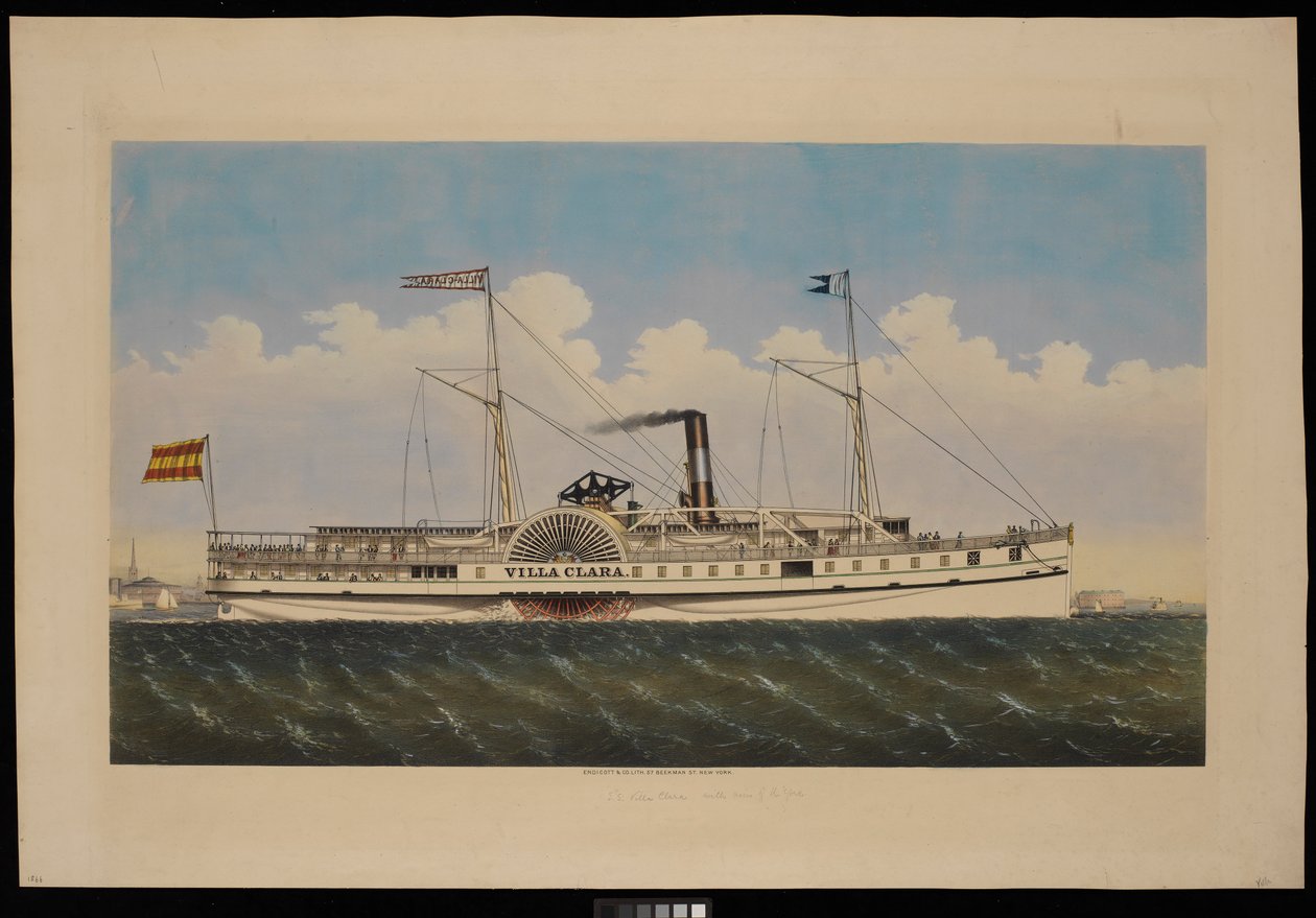 S.S. Villa Clara med udsigt over New York (litografi, farvelagt) af Endicott Endicott