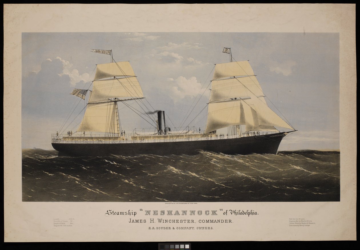Dampskibet Neshannock fra Philadelphia. James H Winchester, kommandør. E A Souder  Company, ejere (litografi, farvelagt) af Endicott Endicott