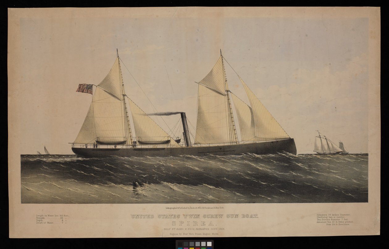 Amerikansk kanonbåd med to skruer. Spirea. Bygget af Saml H Pouk Fairhaven Conn. 1864... (litografi, farvelagt) af Endicott Endicott