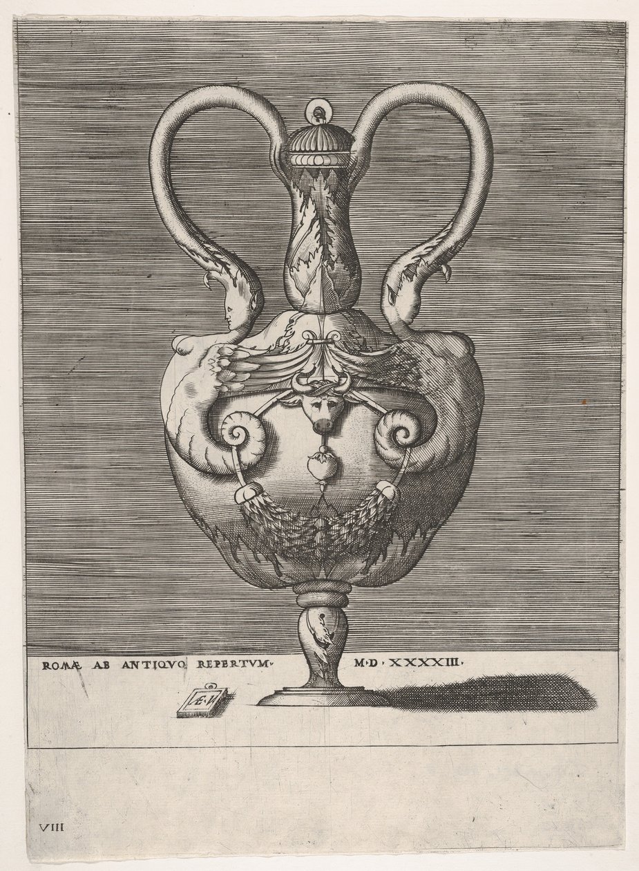 Antik lågvase med to håndtag, der dukker op fra Heads of Hybrid Female Sph..., 1543 eller senere. af Enea Vico