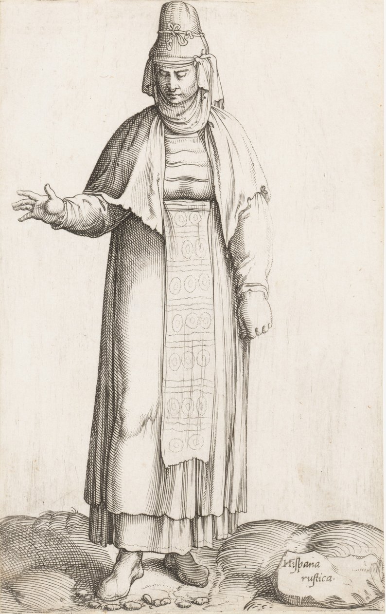 Kostumeplade: Hispana Rustica med etiket på sten, ca. 1557-58. af Enea Vico