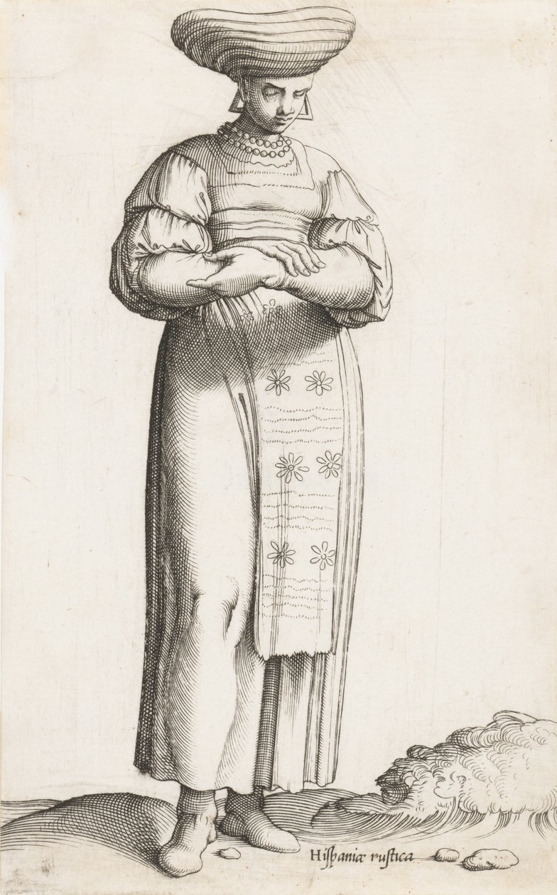 Kostume Platte: Hispania Rustica mul. med etiket på jorden, ca. 1557-58. af Enea Vico