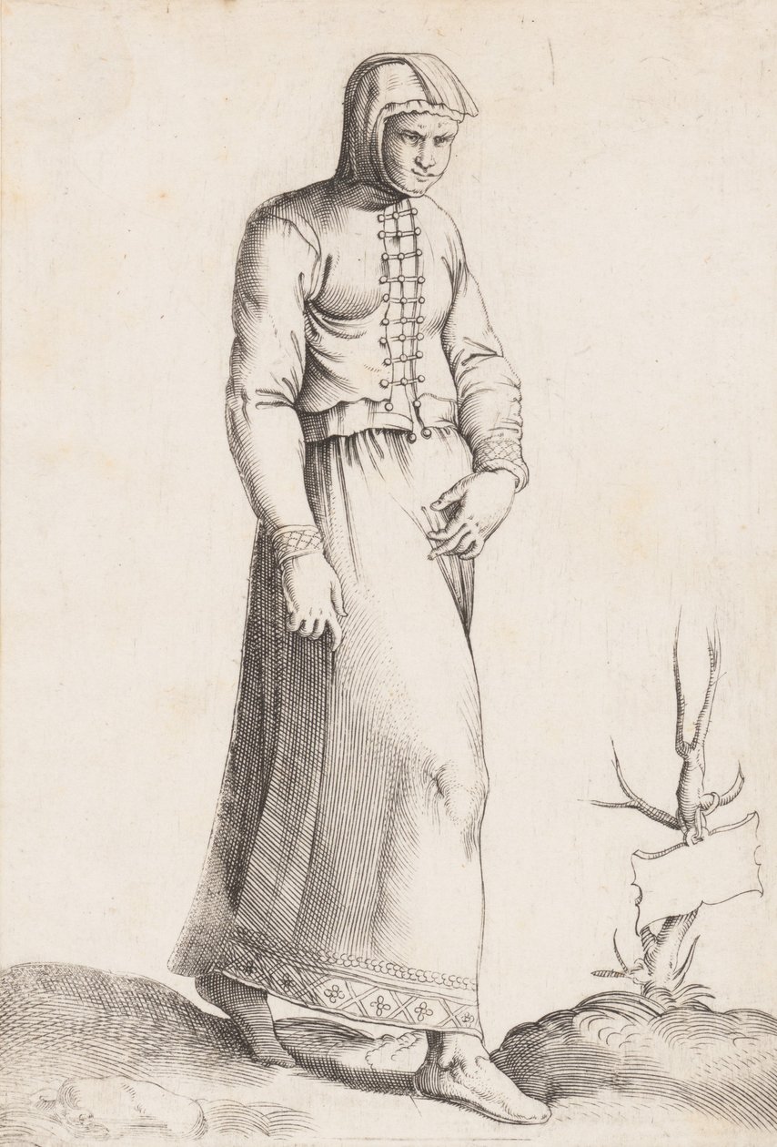 Kostumeplade: Kvinde med hættetøj, ca. 1557-58. af Enea Vico
