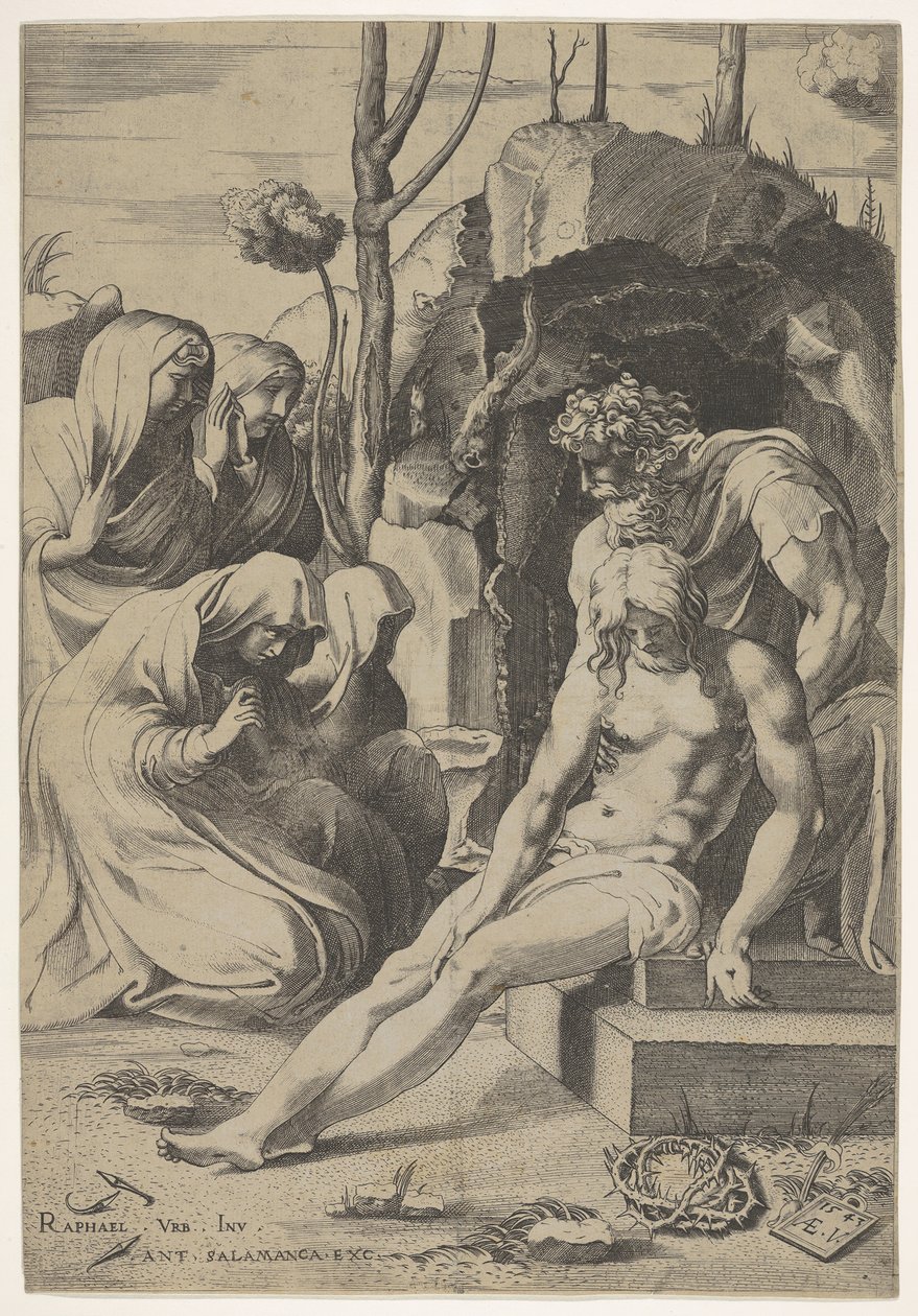 Kristi gravlæggelse, hvis bryst grebes af Josef af Arimathea, med to knælende og..., 1543. af Enea Vico
