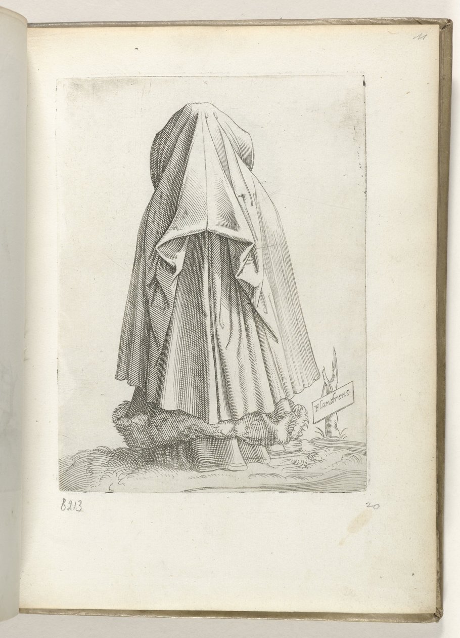 Flandres (titel på objekt) En kvinde fra Vlaanderen, klædt på i henhold til mode fra ca. 1550 The Attitudes of different Nations of Our Age (serietitel) af Enea Vico