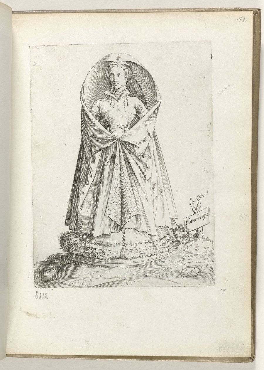 Flandern (titel på objekt) En kvinde fra Vlaanderen, klædt på i henhold til mode fra ca. 1550 The Attitudes of different Nations of Our Age (serietitel) af Enea Vico