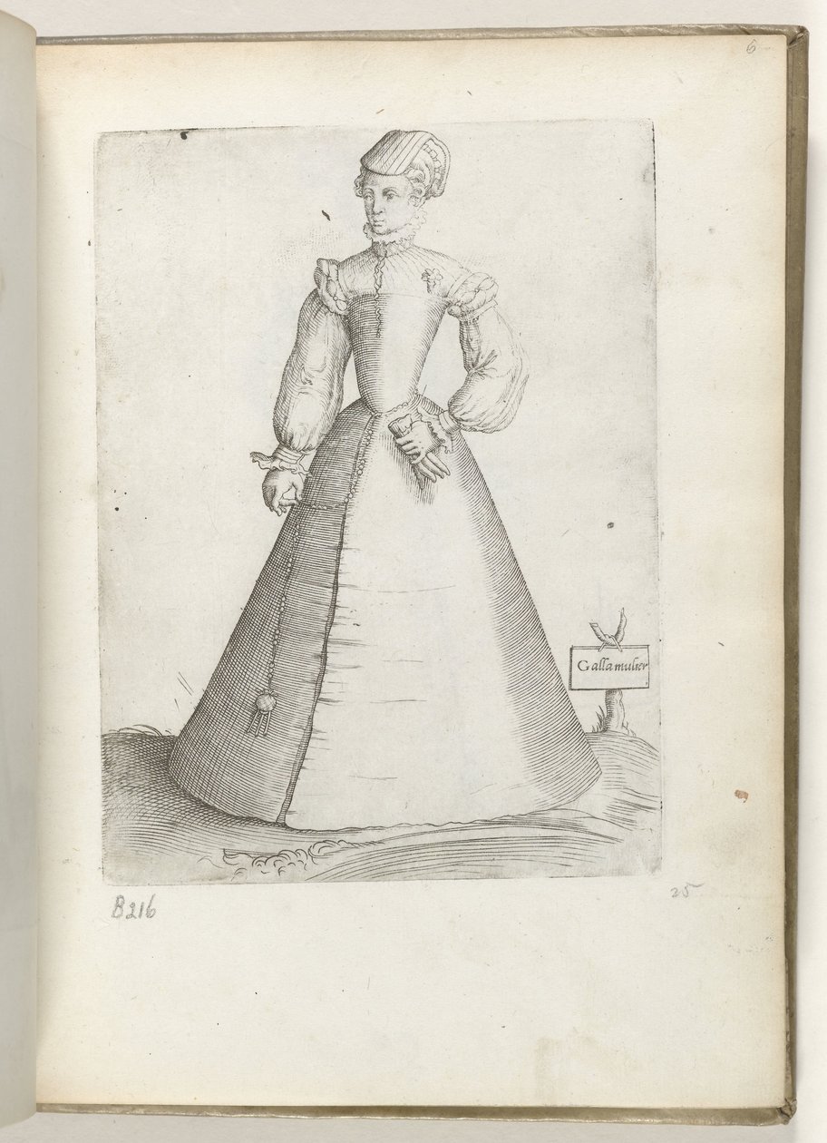 Galla Mulier (titel på objekt) En gift kvinde fra Frankrig, klædt i mode fra ca. 1550 Diversarum gentium nostrae aetatis habitus (serietitel) af Enea Vico
