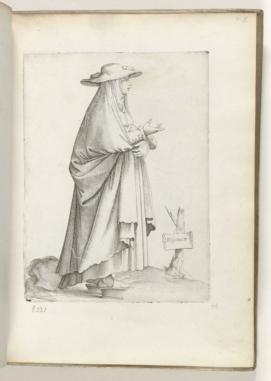 Spansk m(ulier) (titel på objekt) Vrouw naar højre, i spansk tøj. ca. 1550 The Attitudes of different Nations of Our Age (serietitel) af Enea Vico