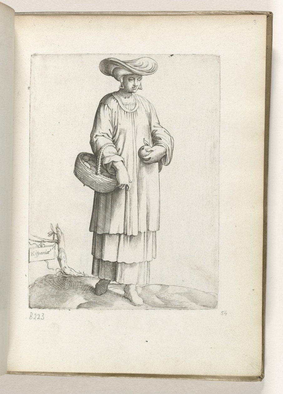 Spanien (titel på objekt) Vrouw met mand i spanske tøj. ca. 1550 The Attitudes of different Nations of Our Age (serietitel) af Enea Vico
