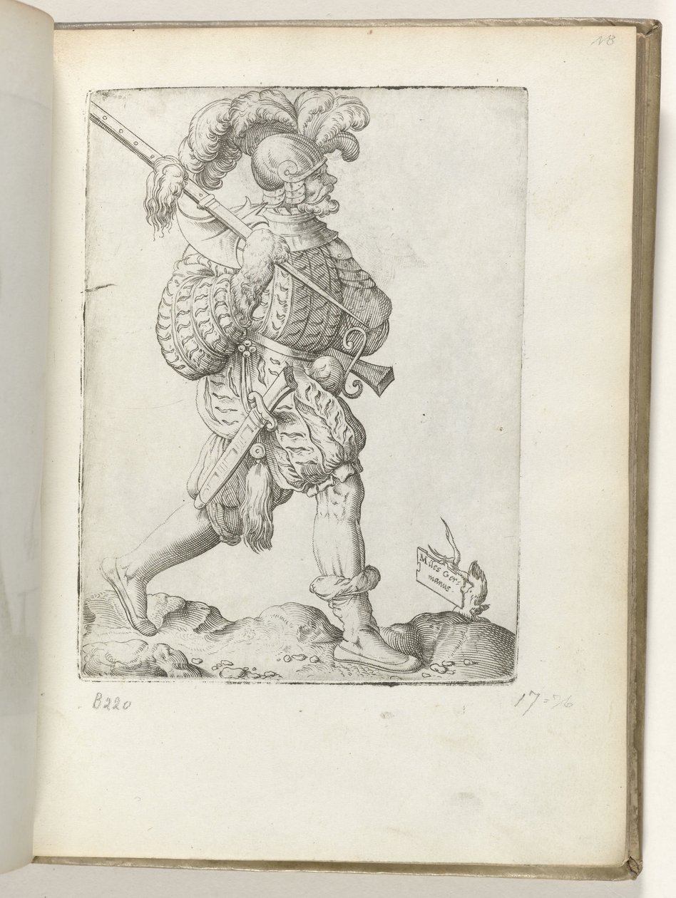 Tysk soldat (titel på objekt) tysk soldaat, klædt i henhold til mode fra ca. 1550 The Attitudes of different Nations of Our Age (serietitel) af Enea Vico