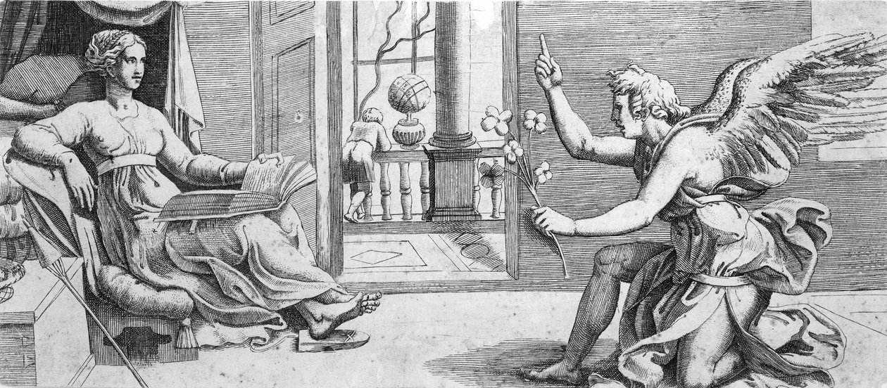 Bebudelsen med knælende engel, ca. 1540-41. af Enea Vico.