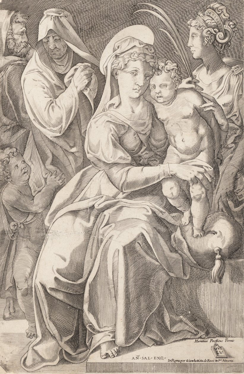 Den hellige familie med St. Anne og St. Catherine, 1542, udgivet 1627-50. af Enea Vico