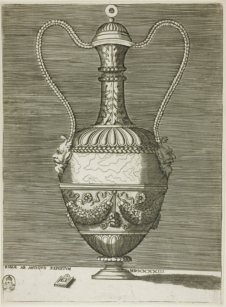 Vase med to groteske masker, tallerken seks fra A Series of Vases Drawn After the Antique af Enea Vico