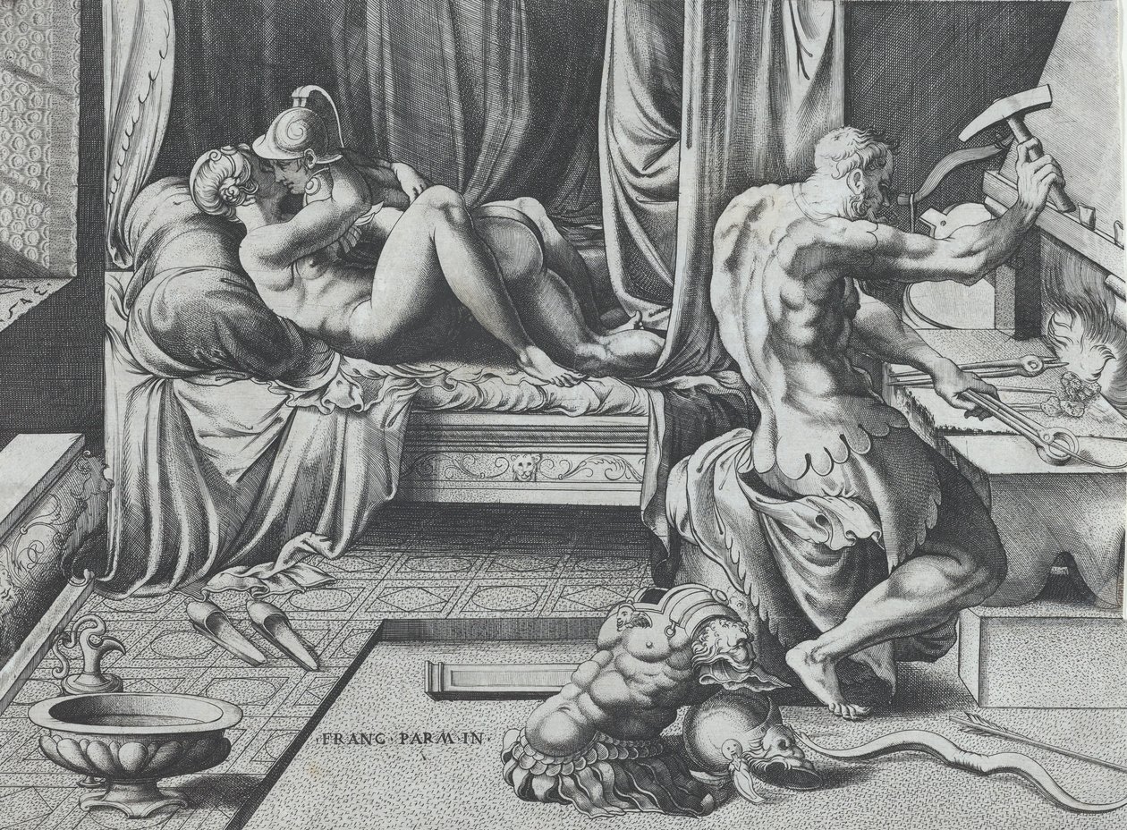 Venus og Mars omfavner som Vulcan arbejder i sin smedje, 1543. af Enea Vico