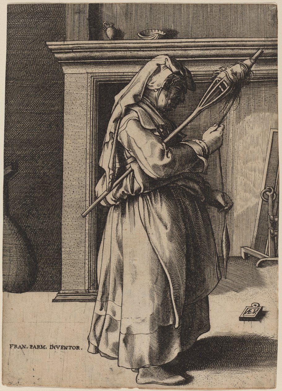 Gammel kvinde med en distaff af Enea Vico after Parmigianino